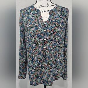 St. John's Bay Women's Half Button Floral  Long Sleeve Roll Tab Blouse Size XS